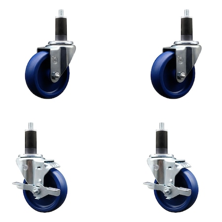 Service Caster 4'' SS Solid Poly Wheel Swivel 1-1/4'' Expanding Stem Caster Set 2 Brakes, 4PK SCC-SSEX20S414-SPUS-2-TLB-2-114